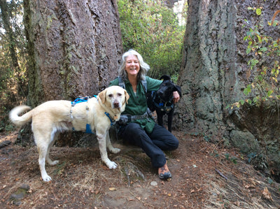 A woman poses with her two dogs while on a hike.