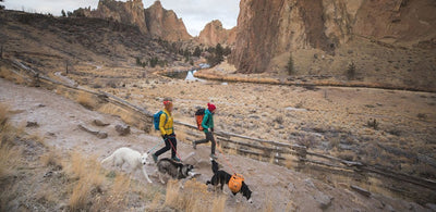 Two women with dogs and climbing gear walk down the approach to Smith Rock climbing area.