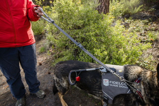 Woman holds out guide dog leash in long position.